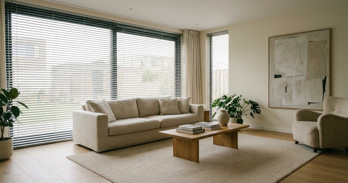 Woonkamer met horizontale jaloezieën voor een groot raam en een gordijn ernaast