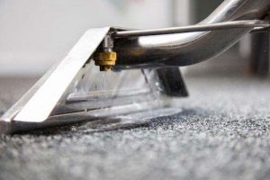 Tapijt laten reinigen met sproei-extractie Grijze tapijt wordt gereinigd met sproei-extractie